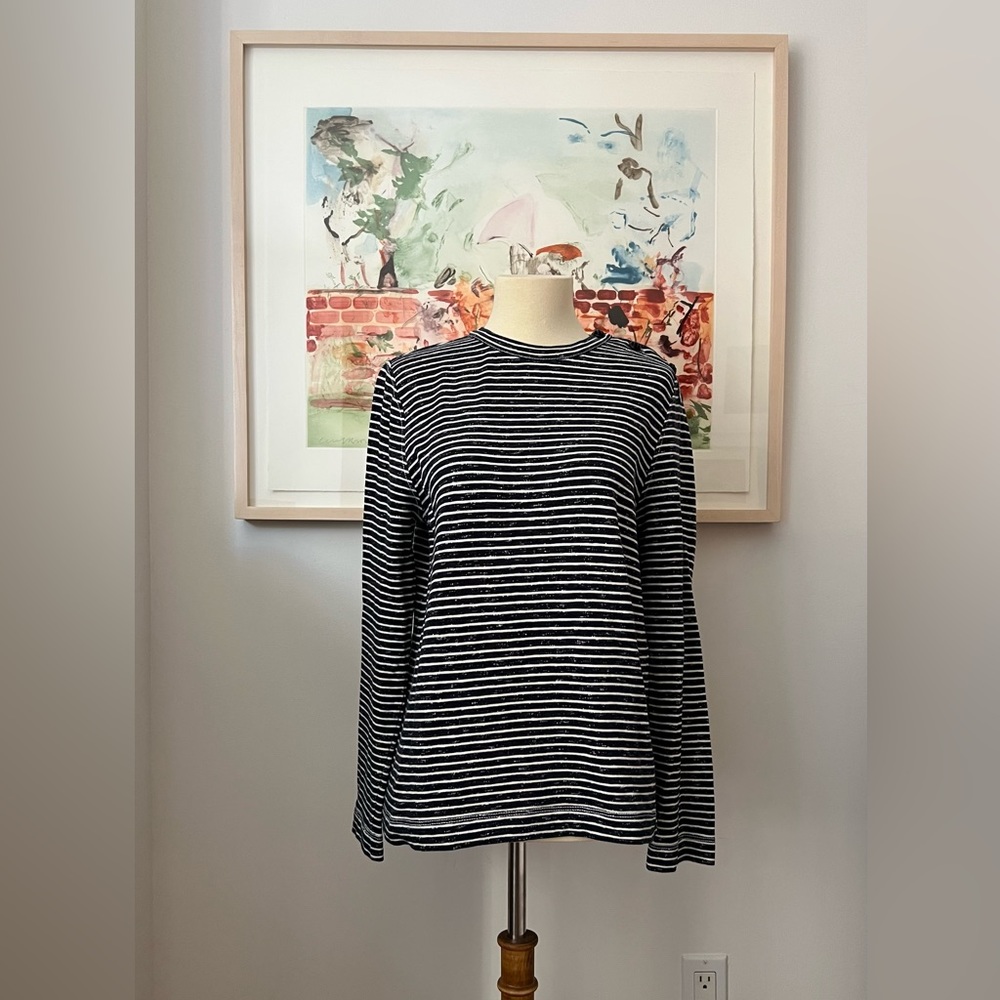 Navy blue and white stripe knit sweater/sweatshirt. Pullover. 18” pit-to-pit.